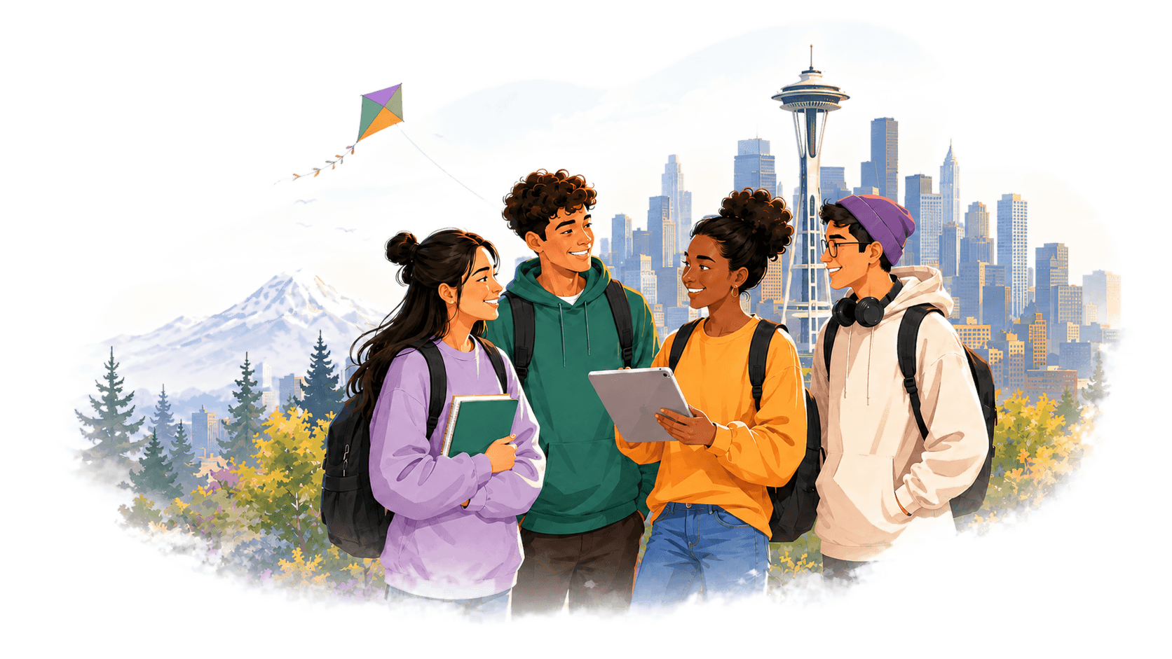 Four Seattle high school students with the Space Needle and Mt Rainier behind them